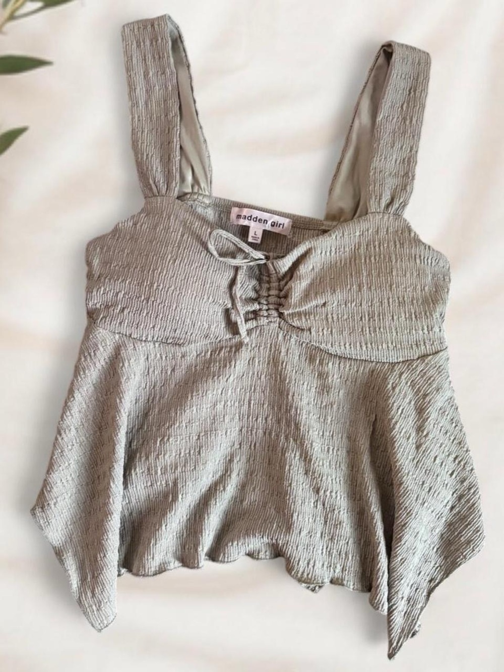 Juniors Large Olive Green Padded Peplum Top Thick Strap Tank Babydoll Ribbed